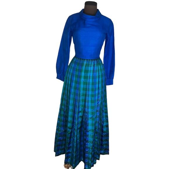 Vintage Dresses & Skirts - Vtg 60s Modest Secretary Plaid Pleated Skirt Feminine Preppy Retro Maxi Dress XS